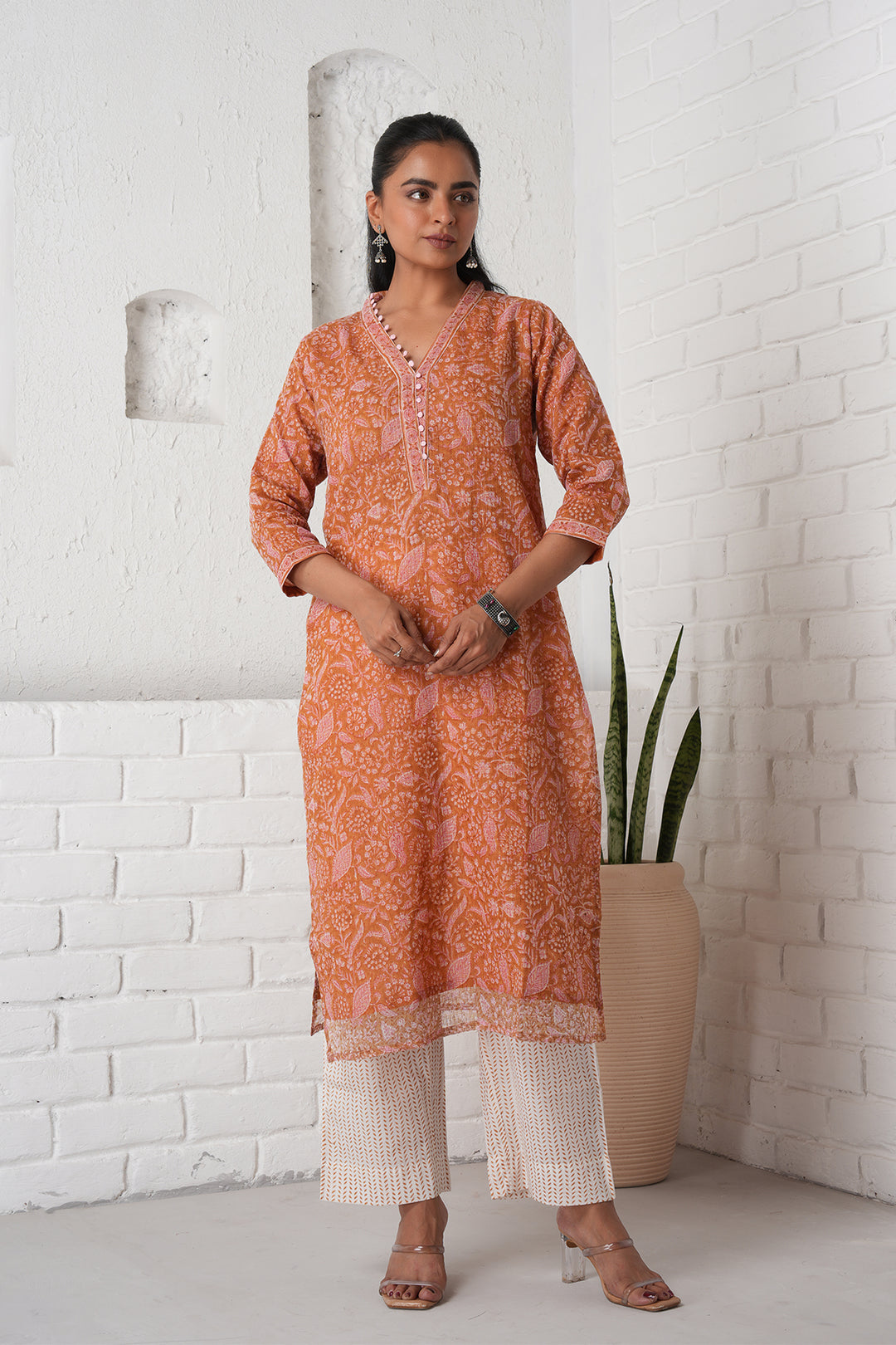 फूलWARI Brown Jaal Kota Doria Set of 3