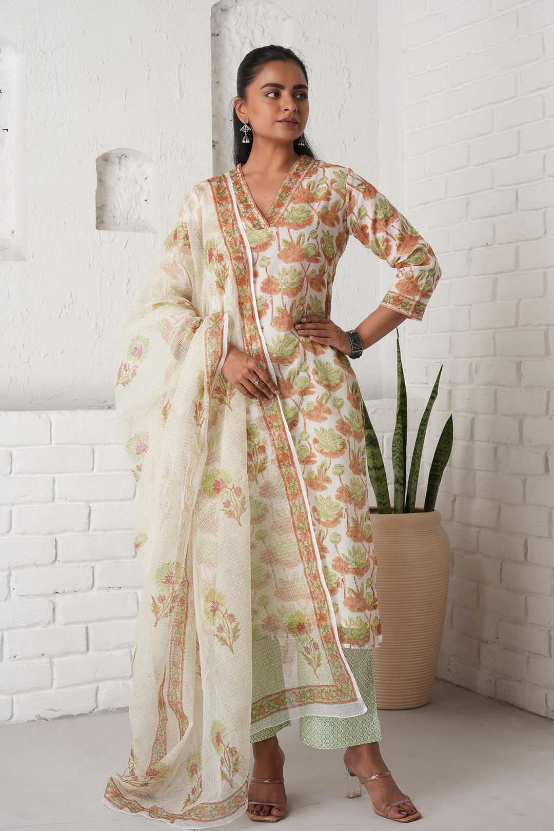 फूलWARI Brown Lotus Kota Doria Set of 3