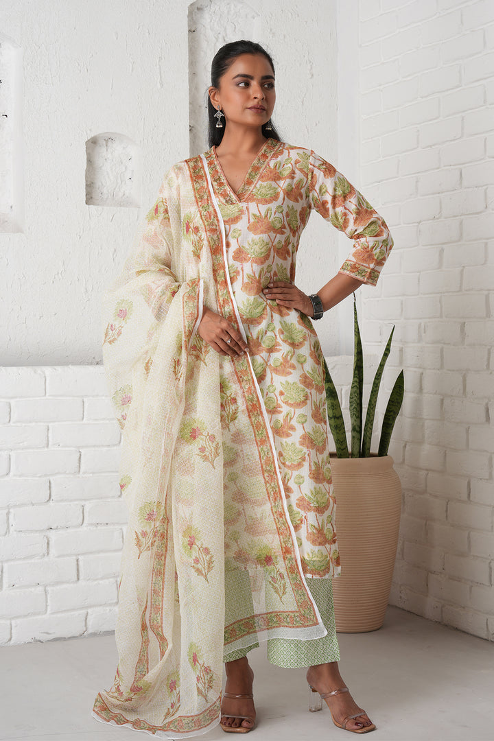 फूलWARI Brown Lotus Kota Doria Set of 3