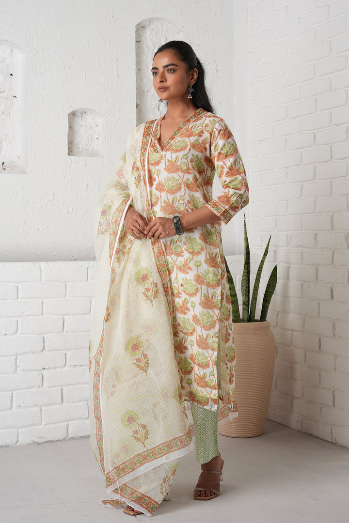 फूलWARI Brown Lotus Kota Doria Set of 3