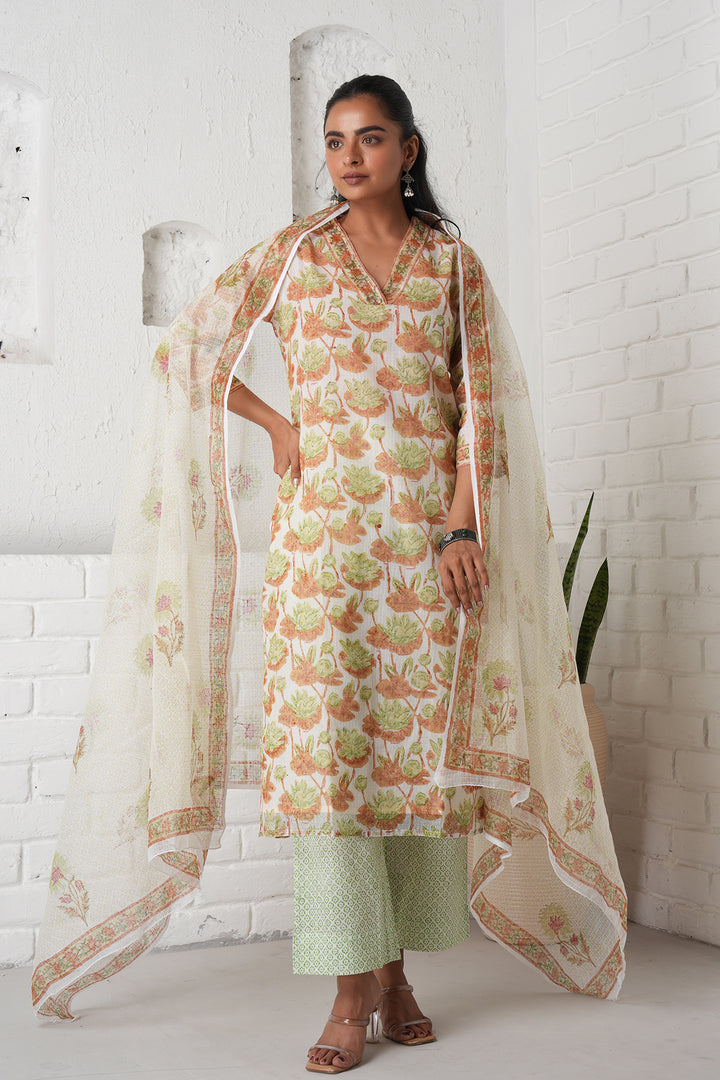 फूलWARI Brown Lotus Kota Doria Set of 3