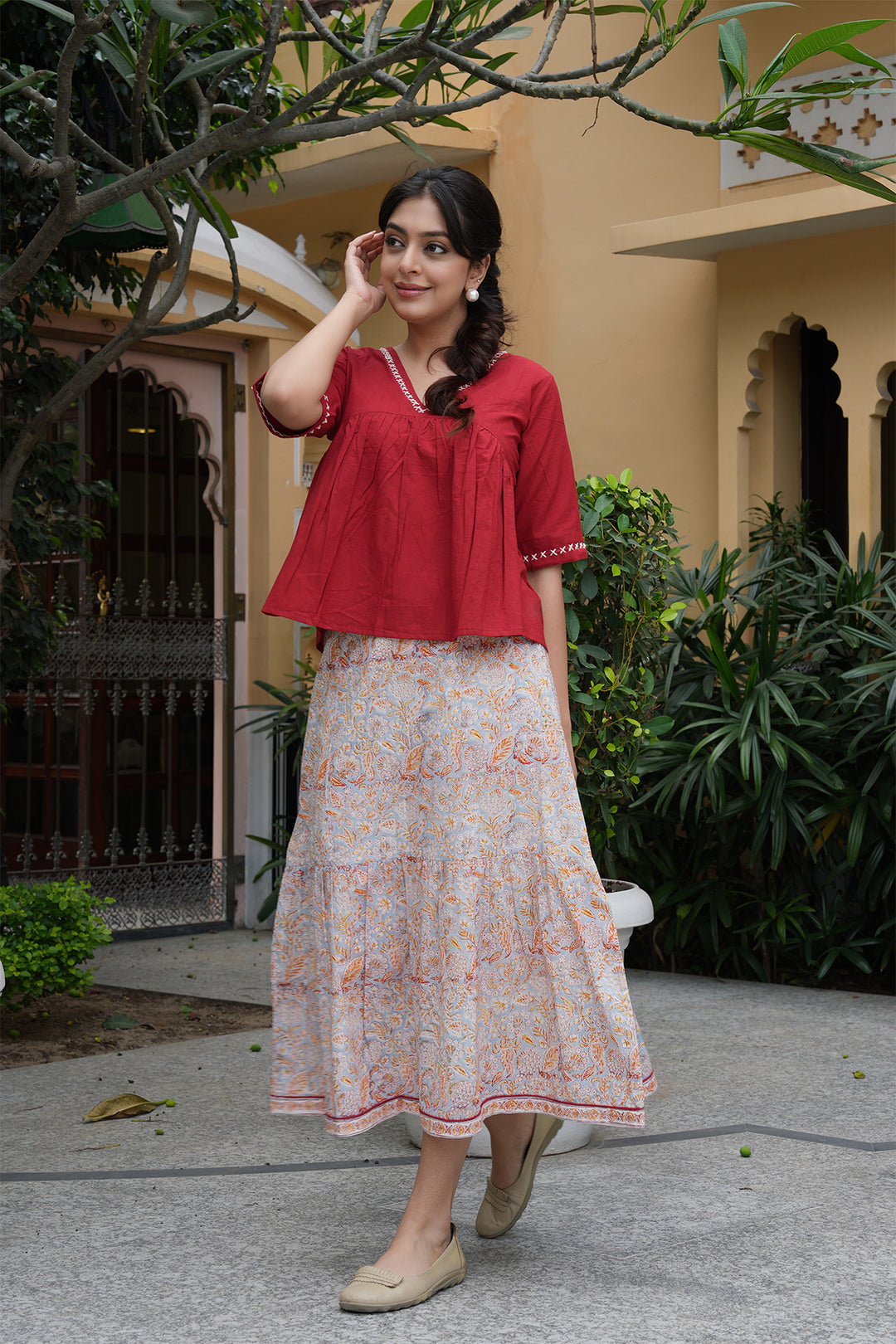 Pihu Red Cotton Top and Block Printed Skirt
