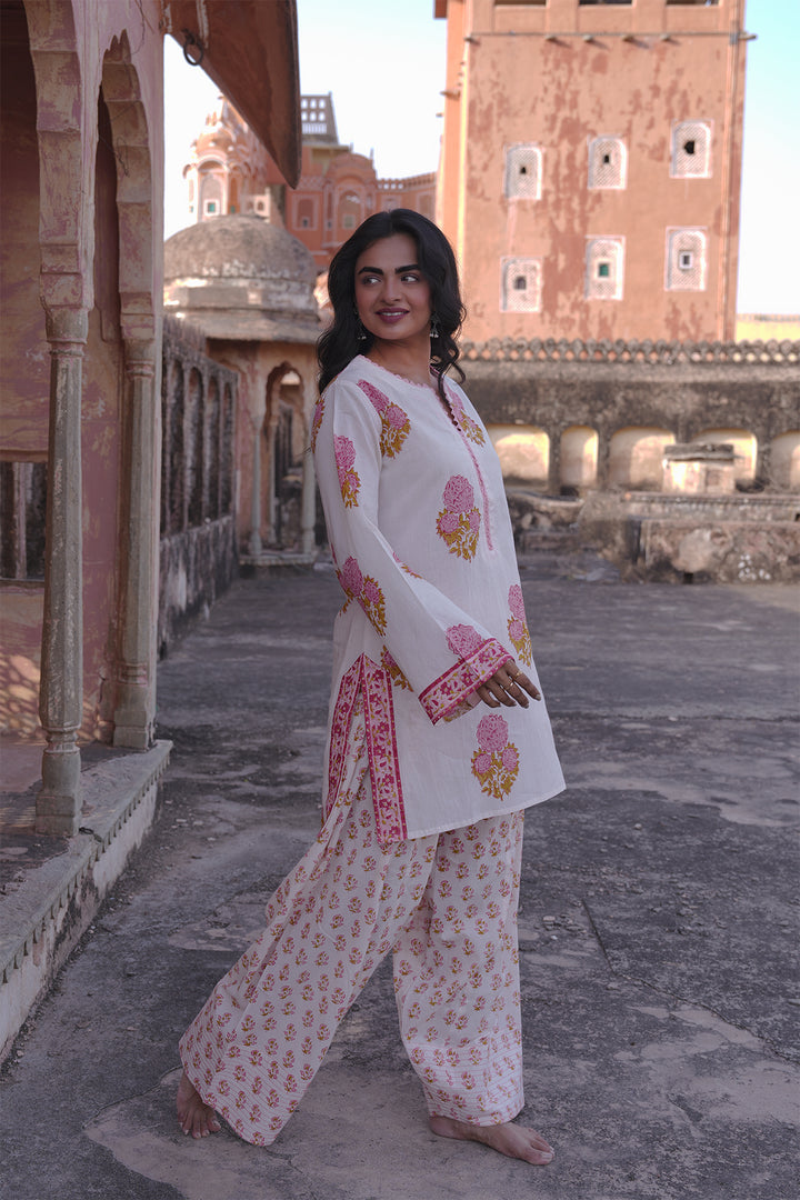 Safaid White Kurta with Pink Buti Farshi Salwar Set of 2