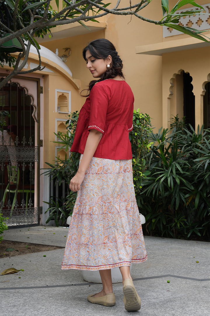 Pihu Red Cotton Top and Block Printed Skirt