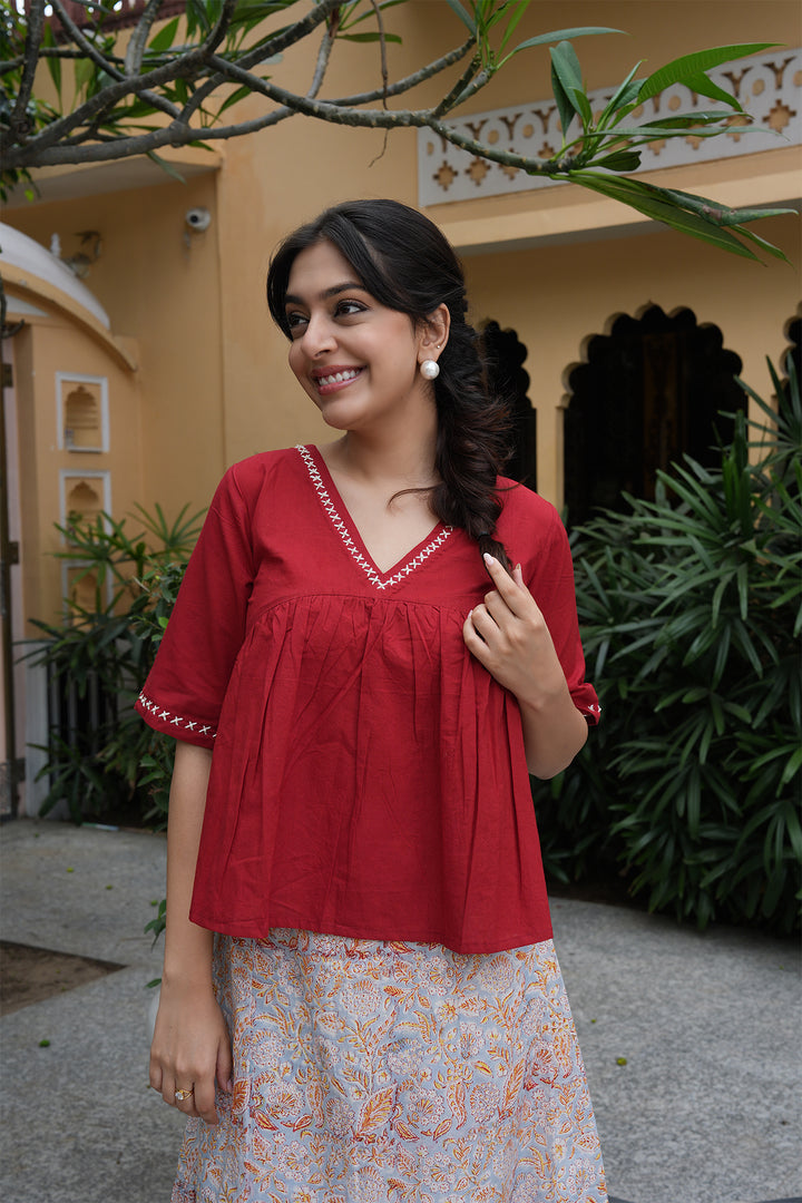 Pihu Red Cotton Top and Block Printed Skirt