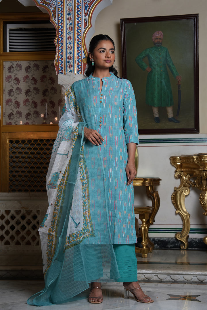 Roohani Ikat Kurta with Kota Doria Dupatta set of 2