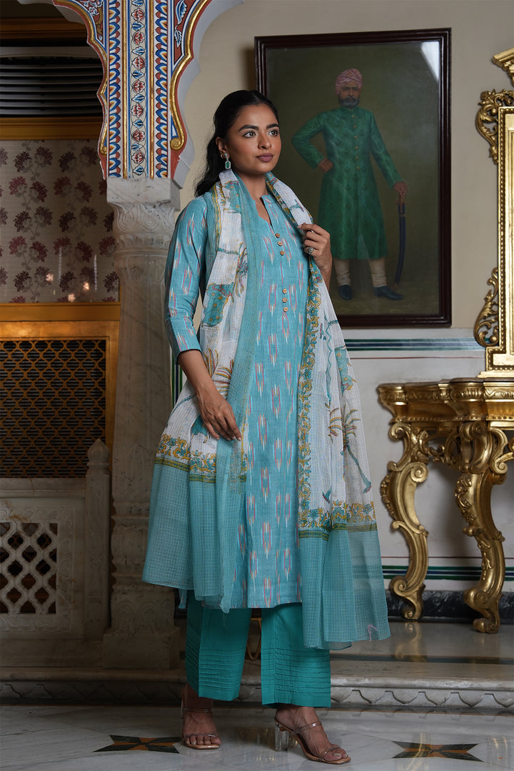 Roohani Ikat Kurta with Kota Doria Dupatta set of 2
