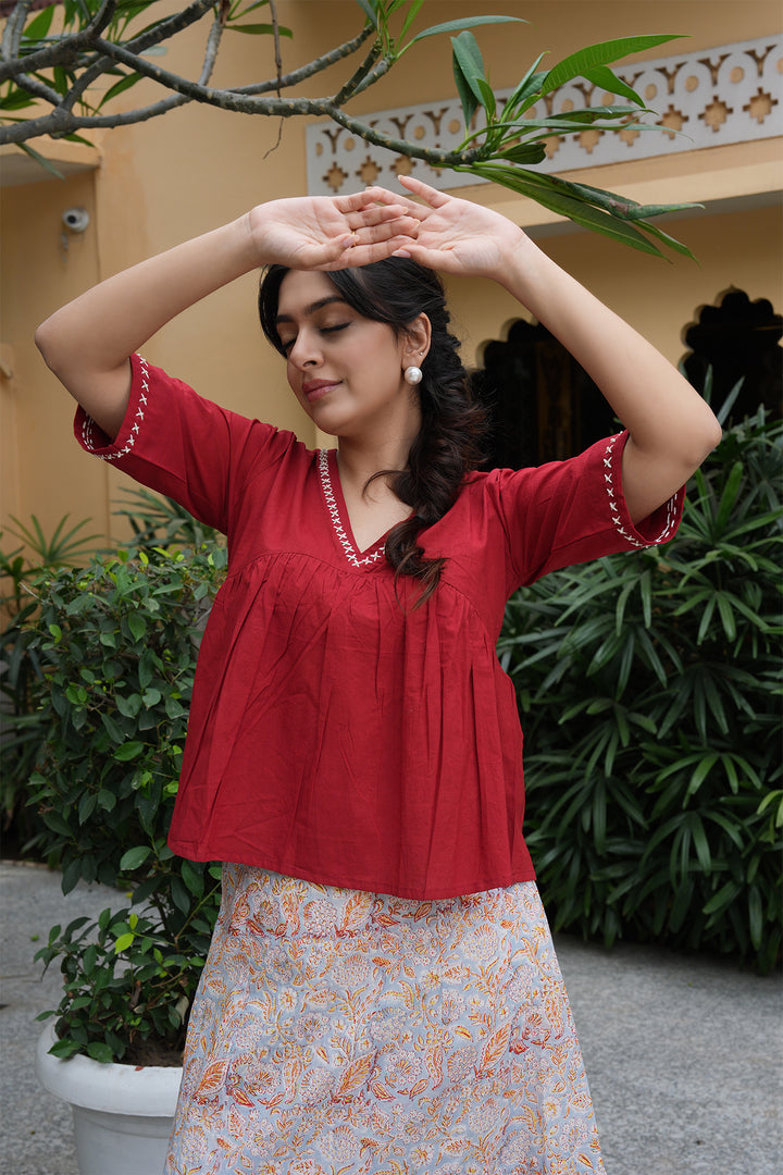 Pihu Red Cotton Top and Block Printed Skirt