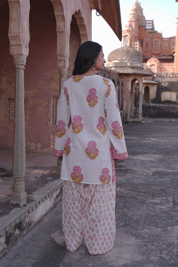 Safaid White Kurta with Pink Buti Farshi Salwar Set of 2
