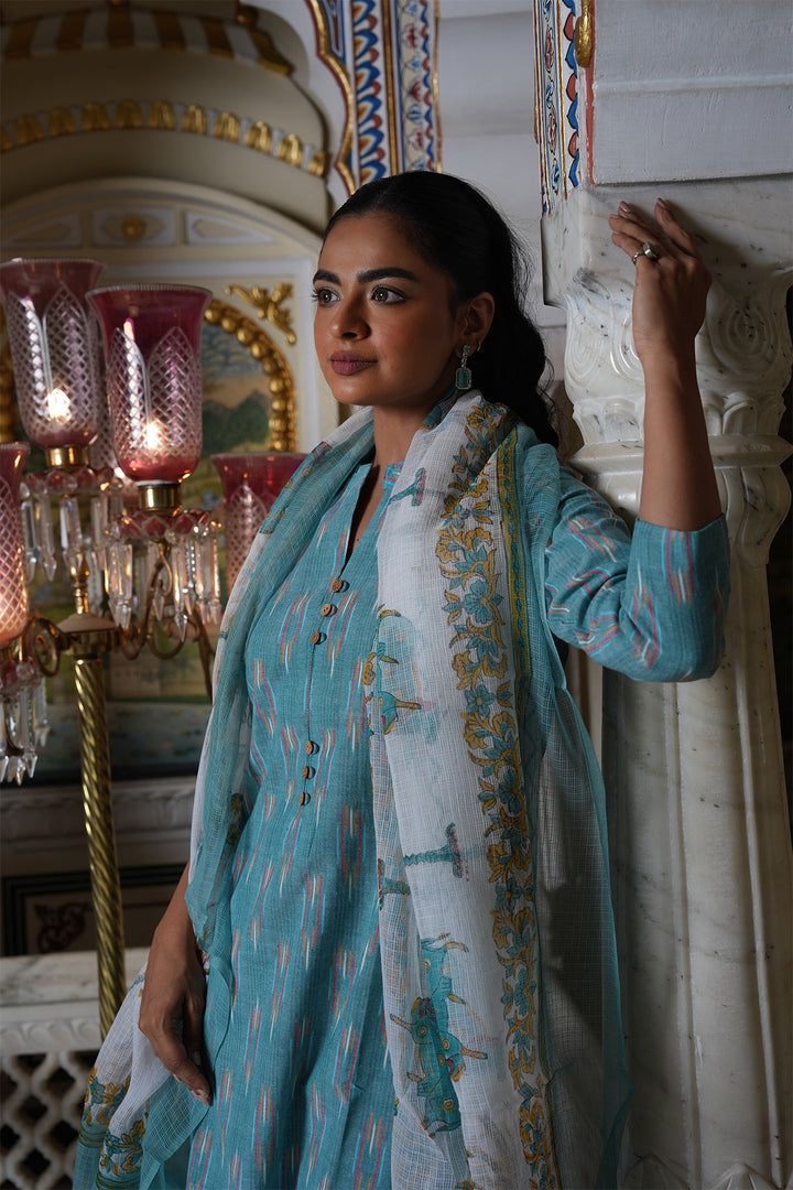 Roohani Ikat Kurta with Kota Doria Dupatta set of 2