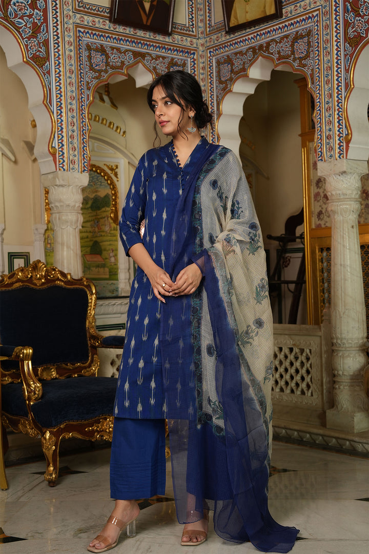 Roohani Blue Ikat Kurta with Kota Doria Dupatta set of 2