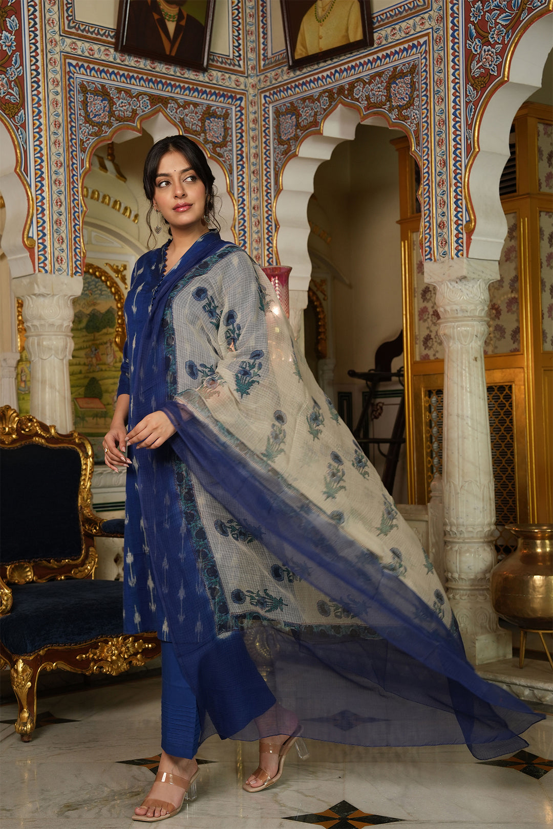 Roohani Blue Ikat Kurta with Kota Doria Dupatta set of 2
