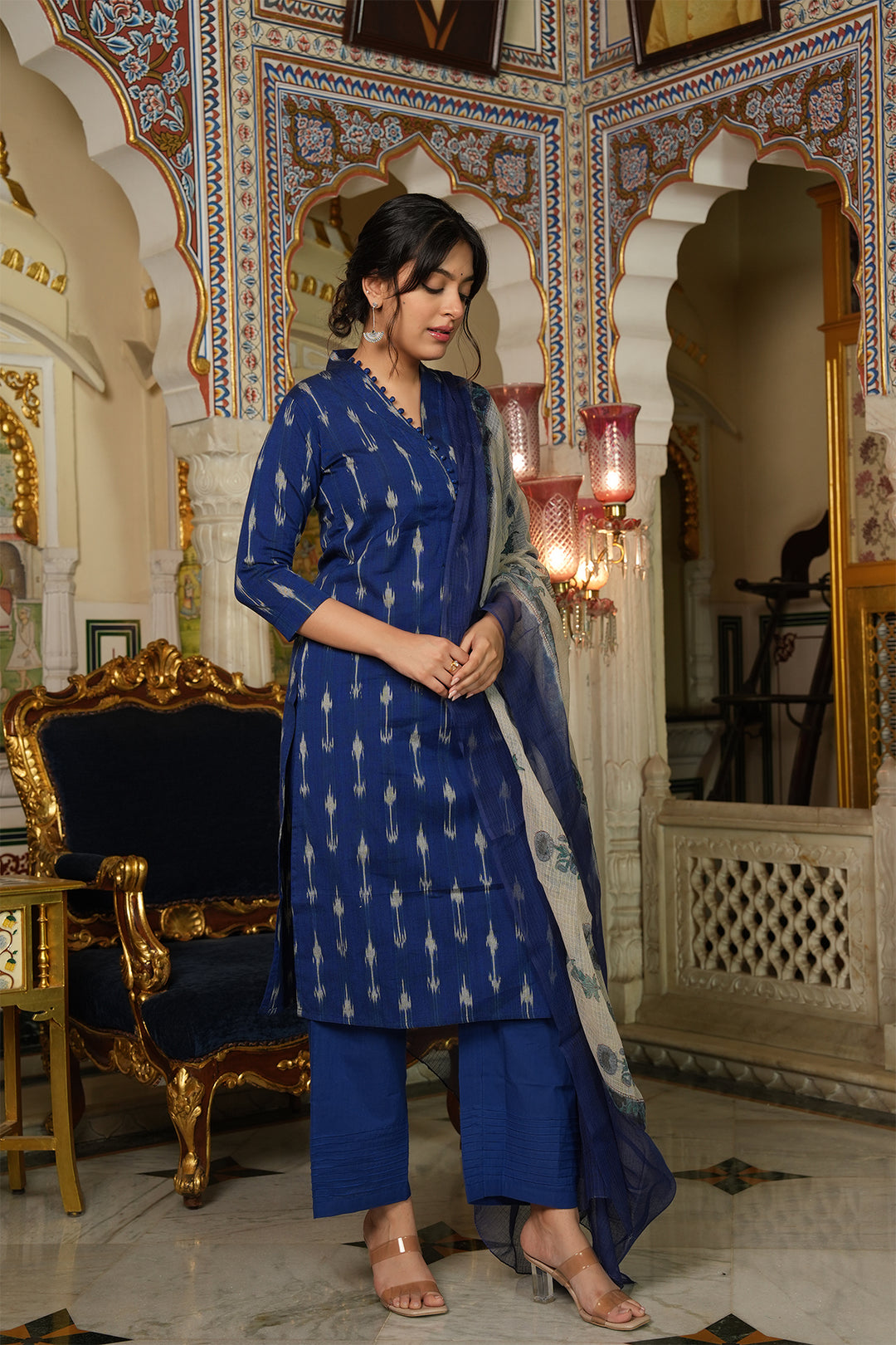 Roohani Blue Ikat Kurta with Kota Doria Dupatta set of 2