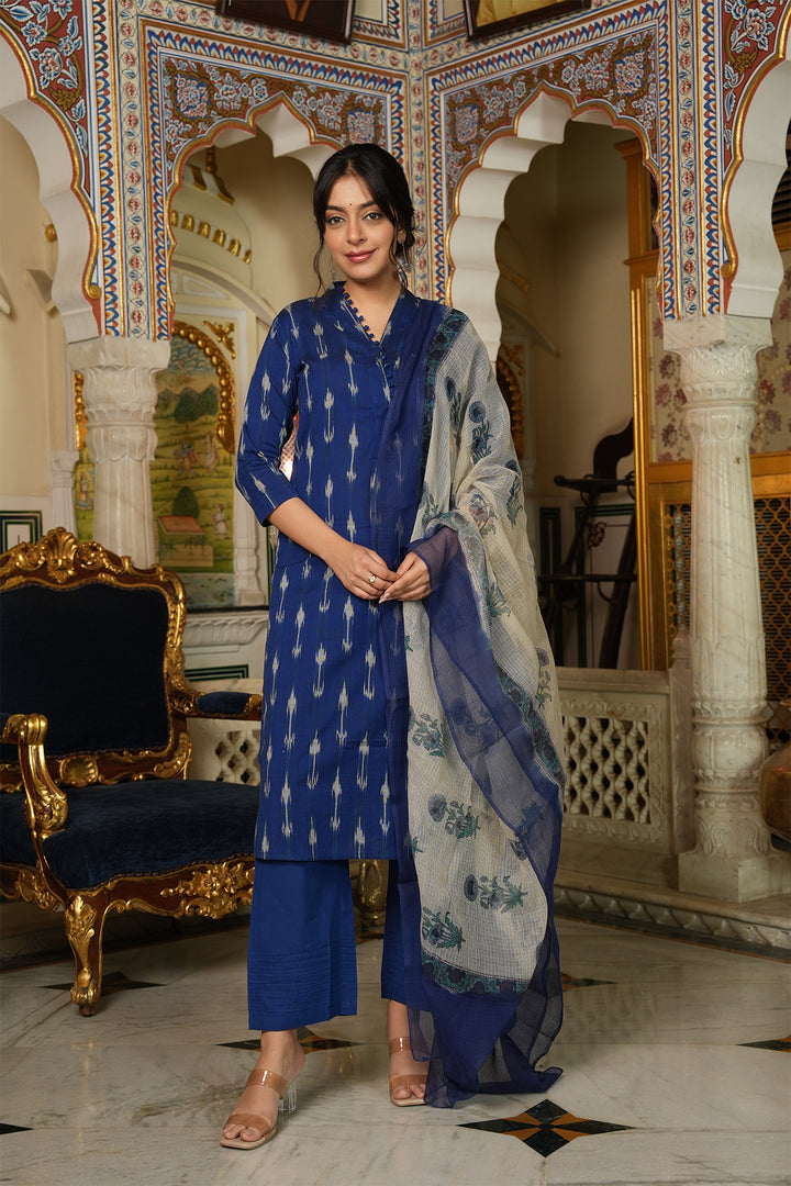 Roohani Blue Ikat Kurta with Kota Doria Dupatta set of 2