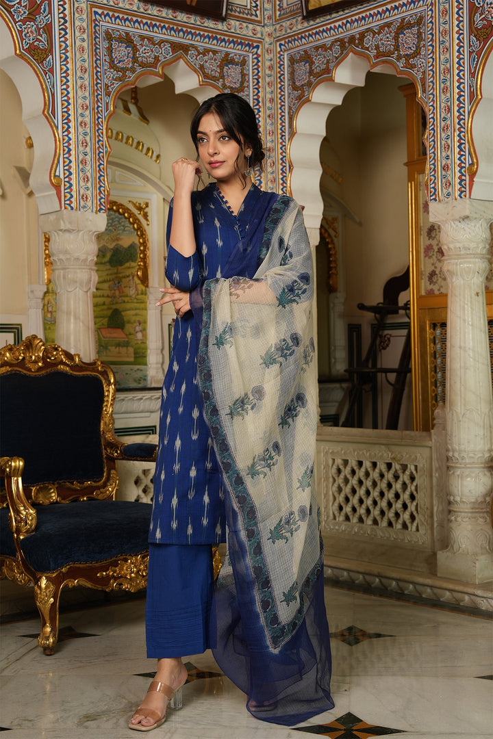 Roohani Blue Ikat Kurta with Kota Doria Dupatta set of 2