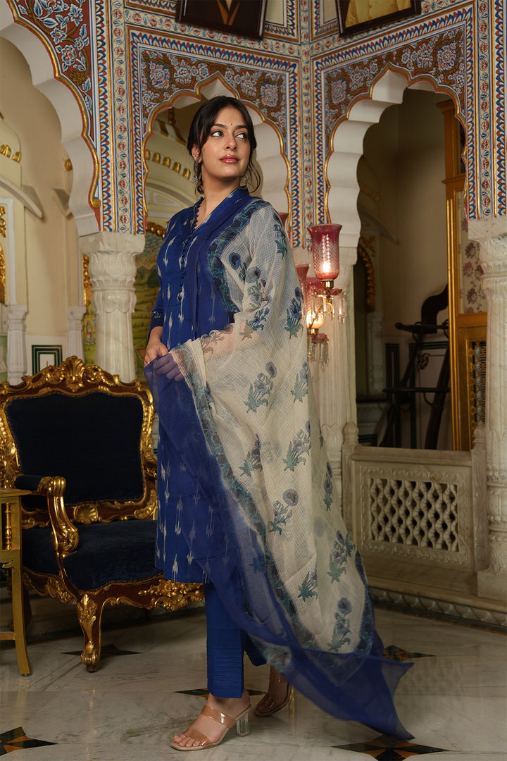Roohani Blue Ikat Kurta with Kota Doria Dupatta set of 2