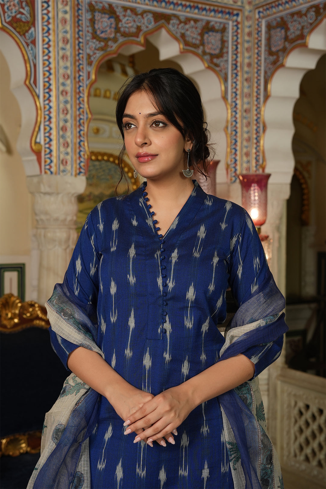 Roohani Blue Ikat Kurta with Kota Doria Dupatta set of 2