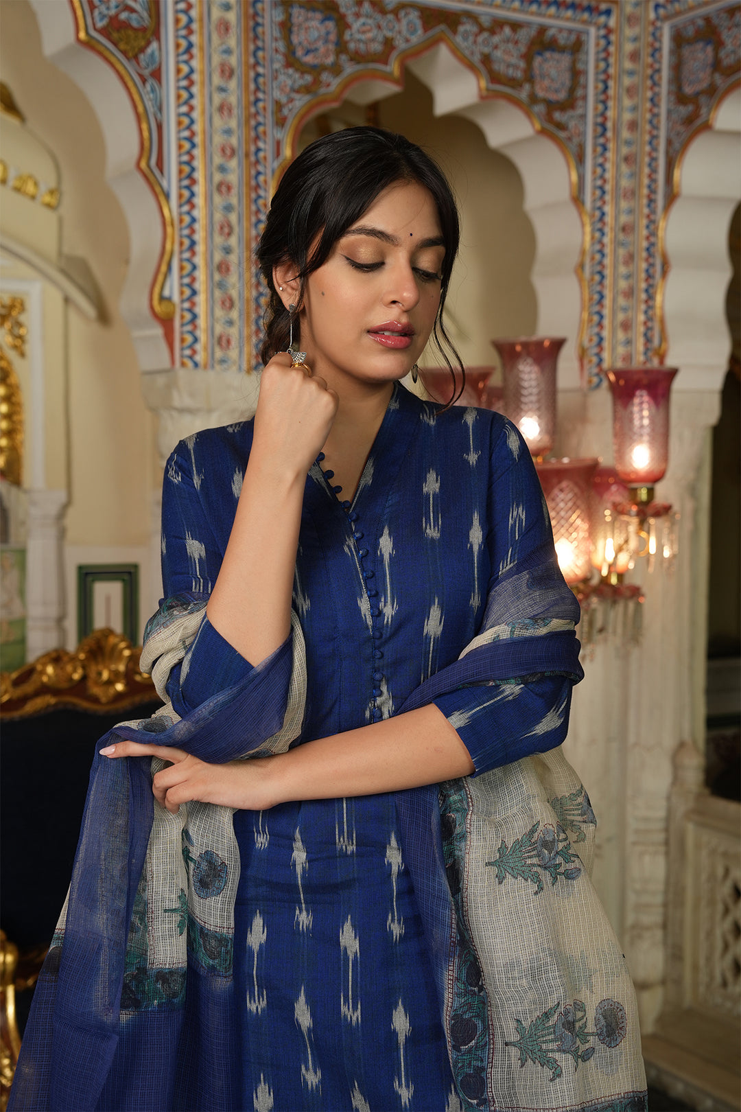 Roohani Blue Ikat Kurta with Kota Doria Dupatta set of 2