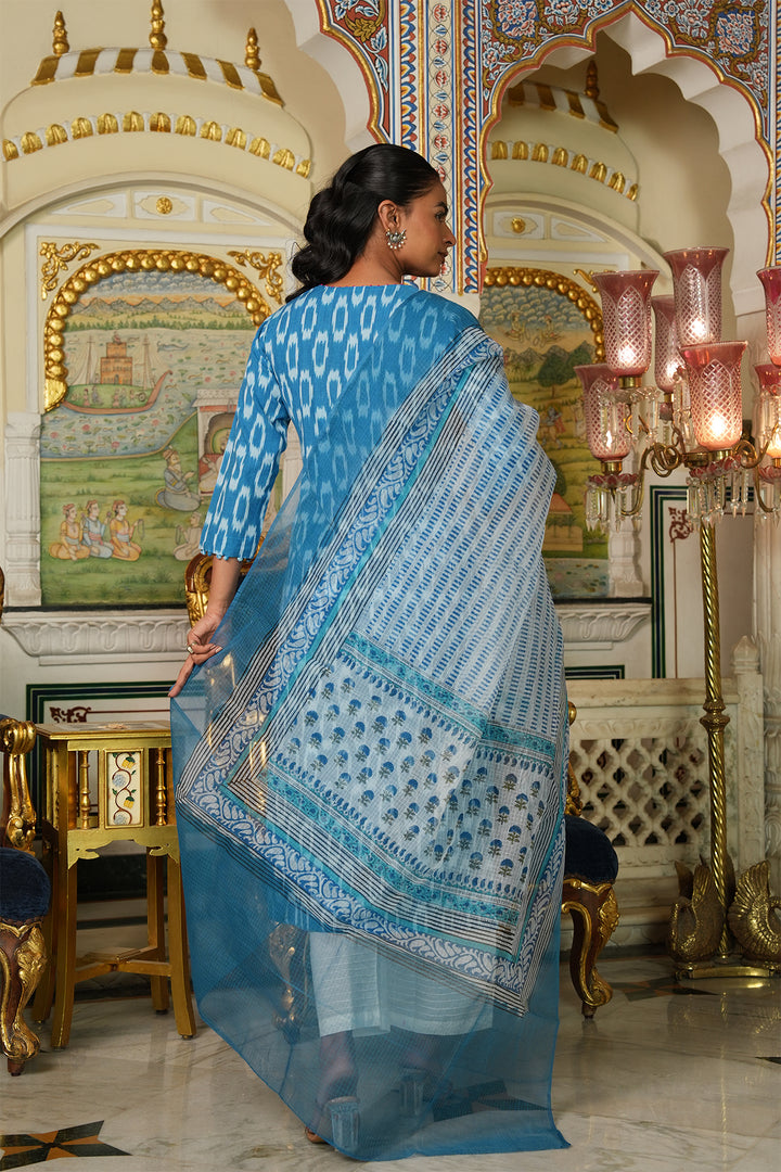 Roohani Light Blue Ikat Kurta with Kota Doria Dupatta set of 2