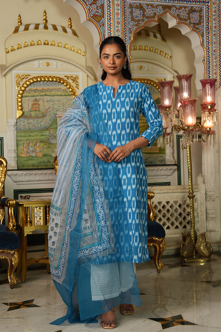 Roohani Light Blue Ikat Kurta with Kota Doria Dupatta set of 2