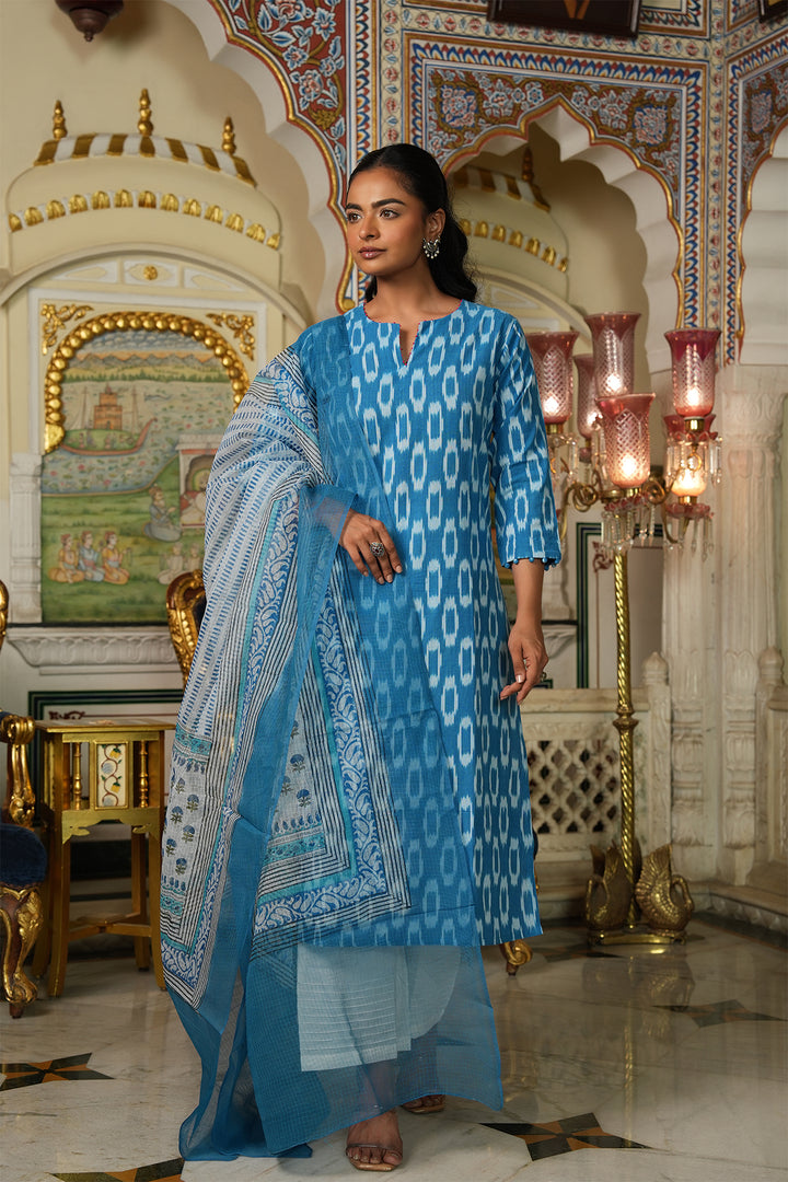 Roohani Light Blue Ikat Kurta with Kota Doria Dupatta set of 2