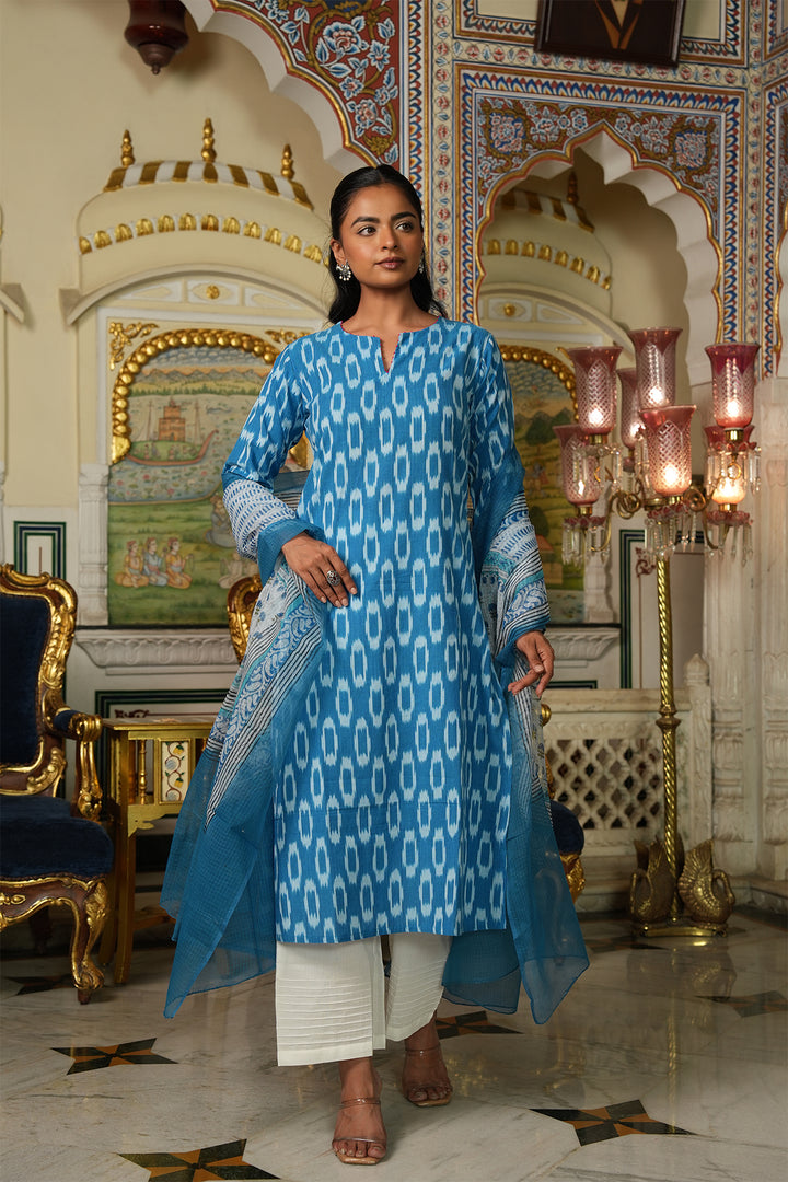 Roohani Light Blue Ikat Kurta with Kota Doria Dupatta set of 2