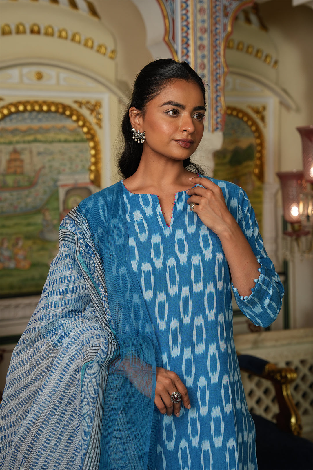 Roohani Light Blue Ikat Kurta with Kota Doria Dupatta set of 2
