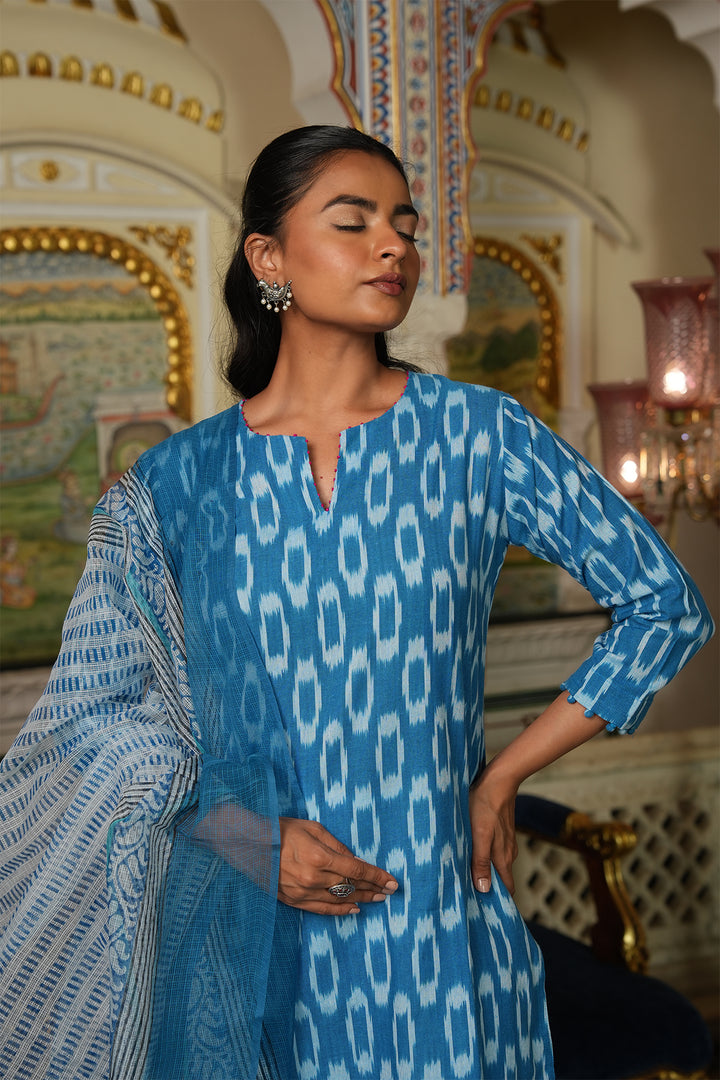 Roohani Light Blue Ikat Kurta with Kota Doria Dupatta set of 2