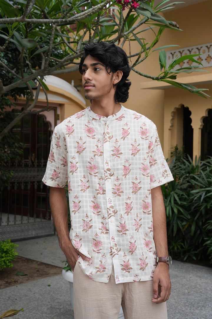 Vaayu Pink Block Printed Cotton Dobby Shirt