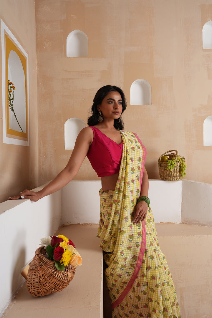 Aura Yellow Checks Chanderi Saree