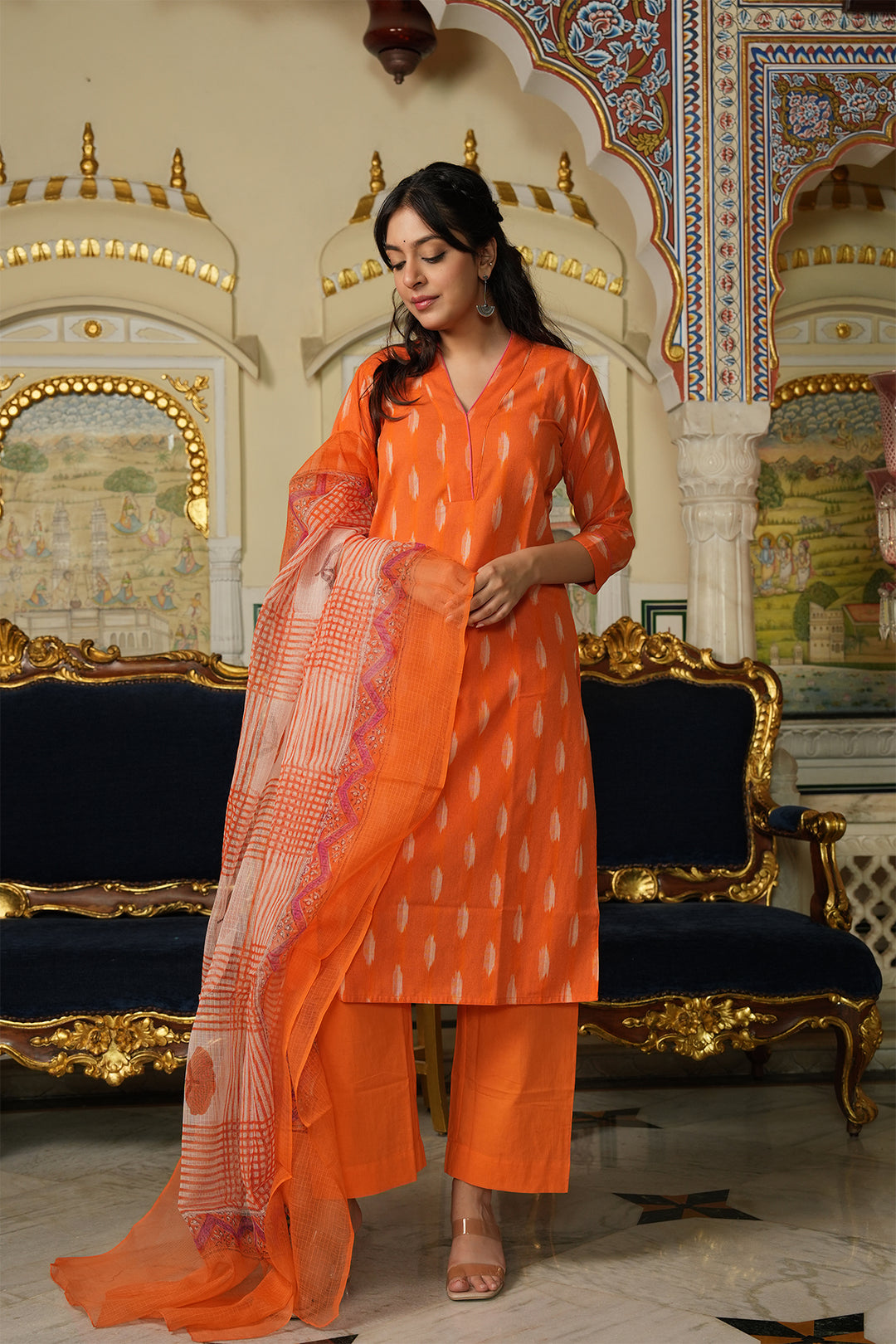 Roohani Orange Ikat Kurta with Kota Doria Dupatta set of 2