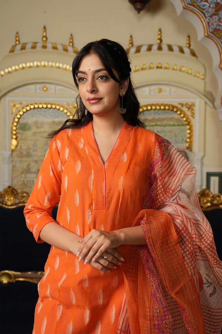 Roohani Orange Ikat Kurta with Kota Doria Dupatta set of 2