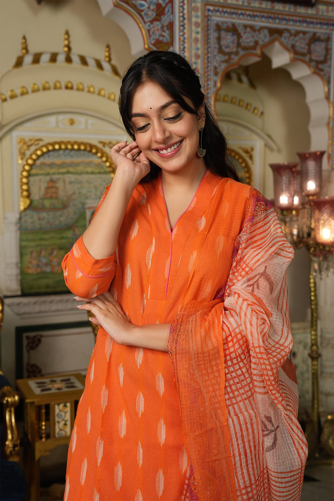Roohani Orange Ikat Kurta with Kota Doria Dupatta set of 2