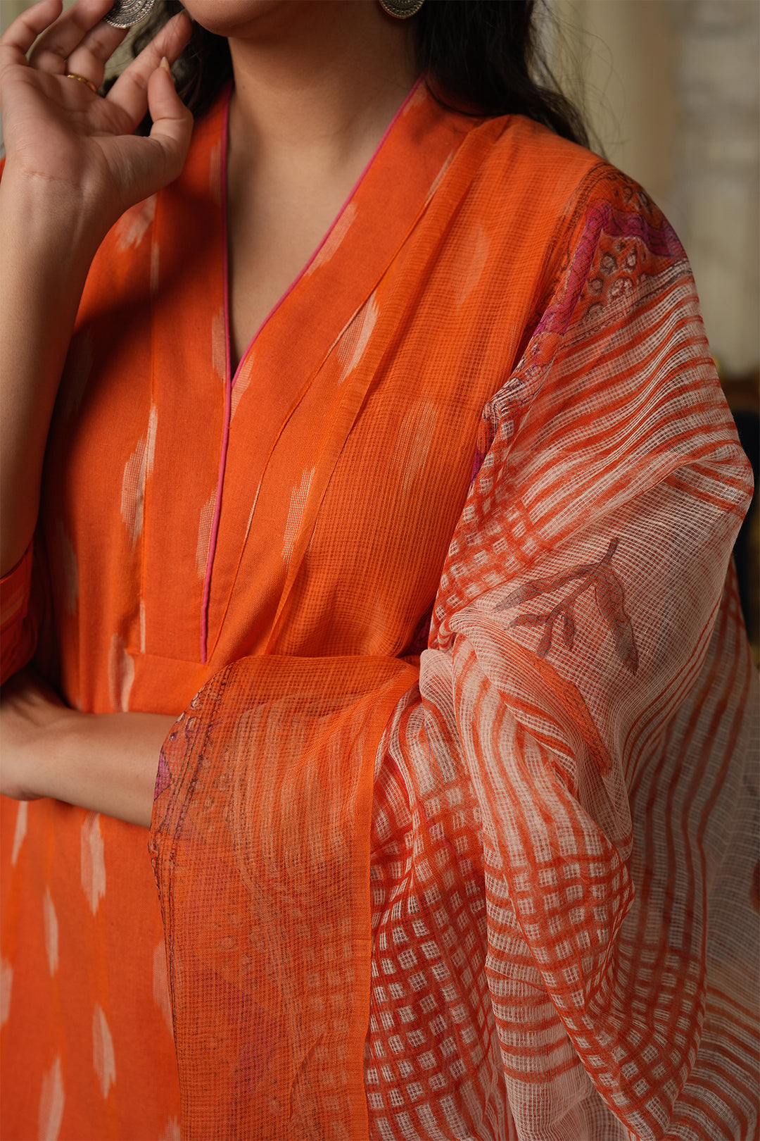 Roohani Orange Ikat Kurta with Kota Doria Dupatta set of 2