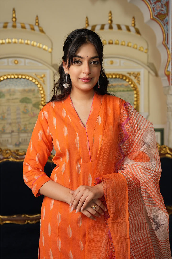 Roohani Orange Ikat Kurta with Kota Doria Dupatta set of 2