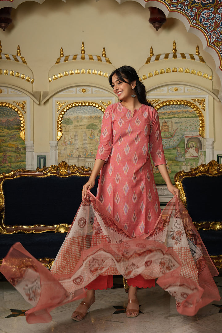 Roohani Peach Ikat Kurta with Kota Doria Dupatta set of 2