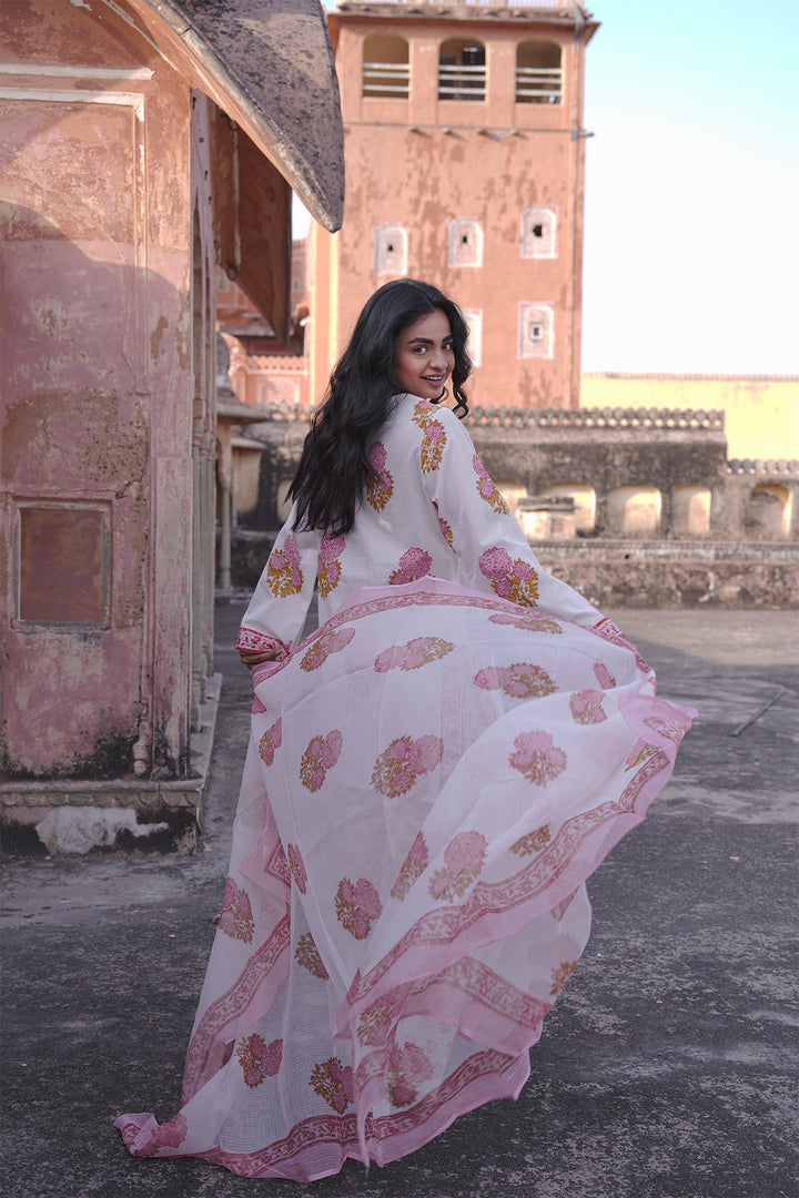 Safaid White Kurta with Pink Buti Farshi Salwar Set of 3