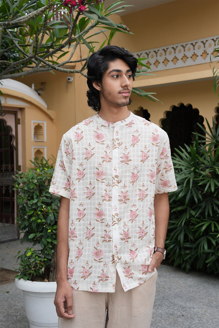 Vaayu Pink Block Printed Cotton Dobby Shirt