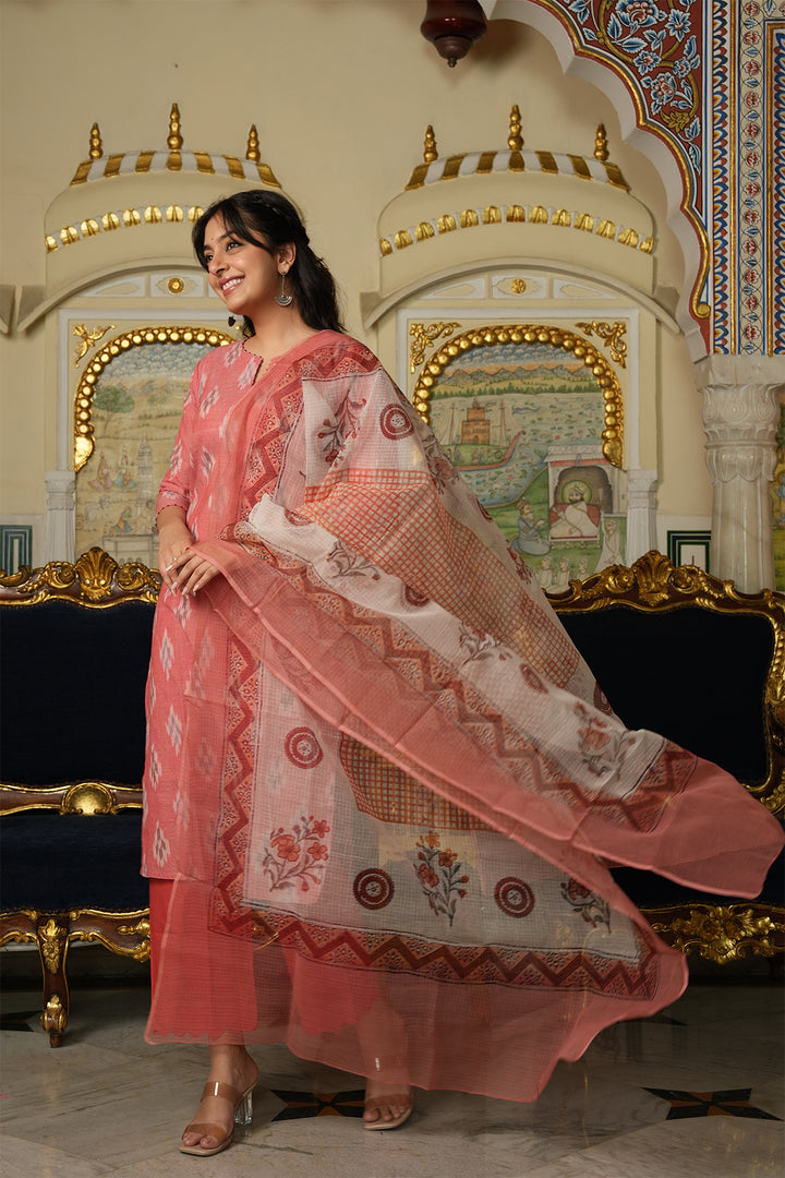 Roohani Peach Ikat Kurta with Kota Doria Dupatta set of 2