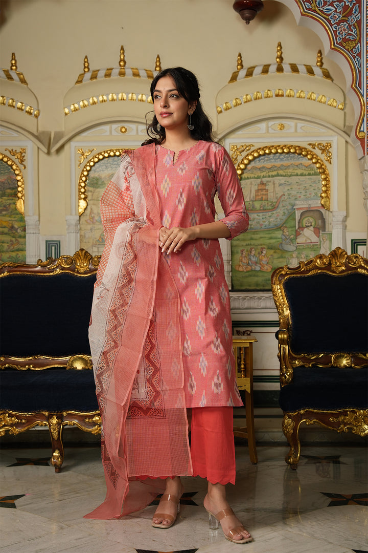 Roohani Peach Ikat Kurta with Kota Doria Dupatta set of 2