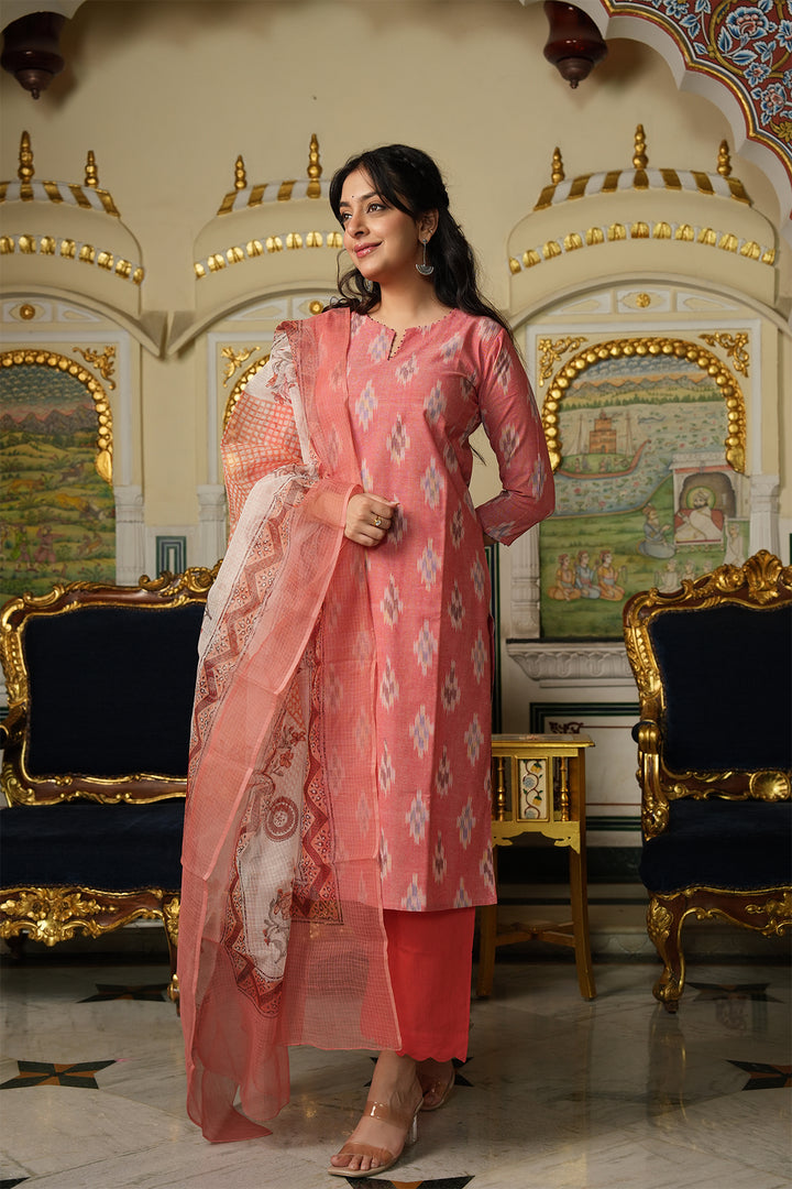 Roohani Peach Ikat Kurta with Kota Doria Dupatta set of 2