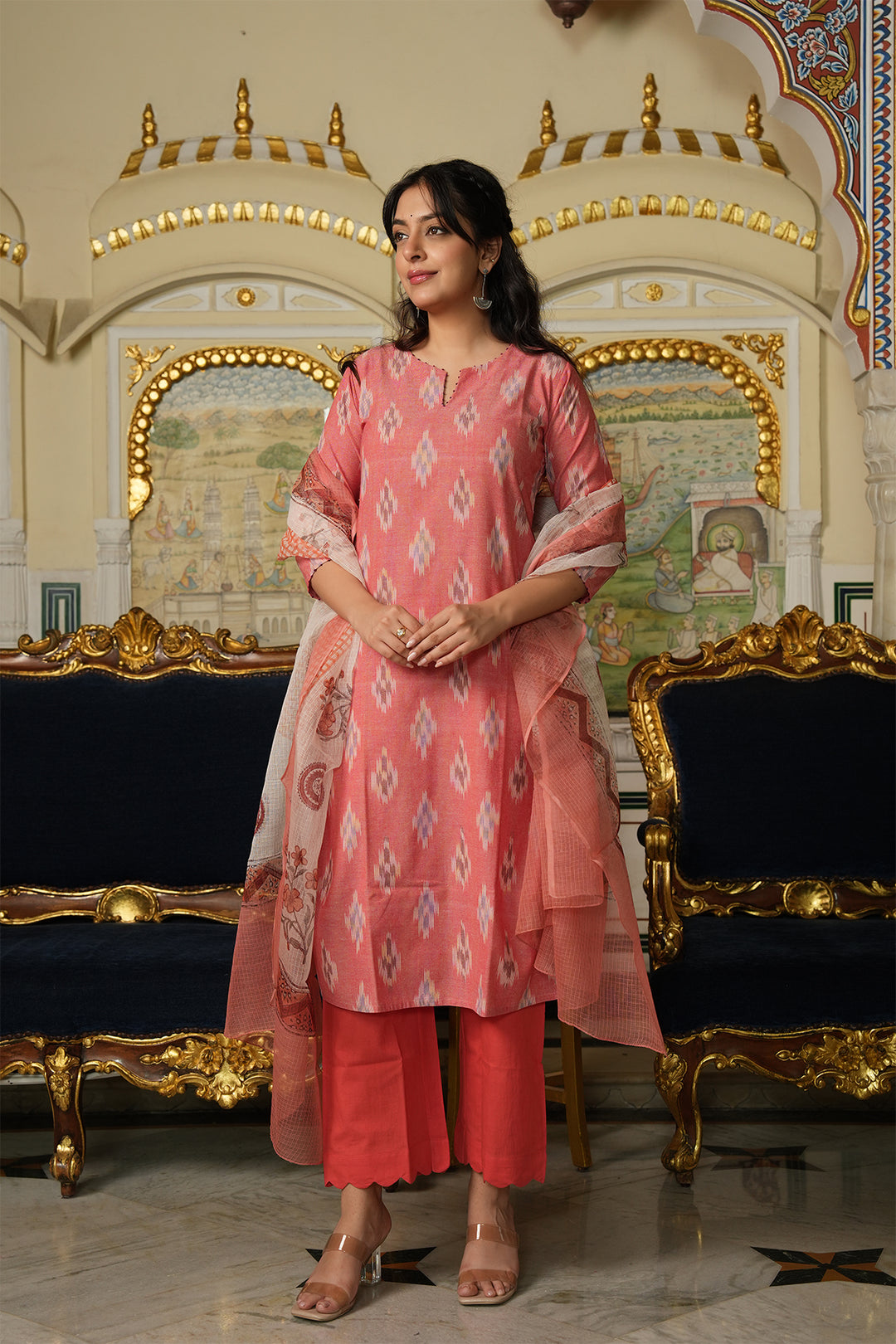 Roohani Peach Ikat Kurta with Kota Doria Dupatta set of 2