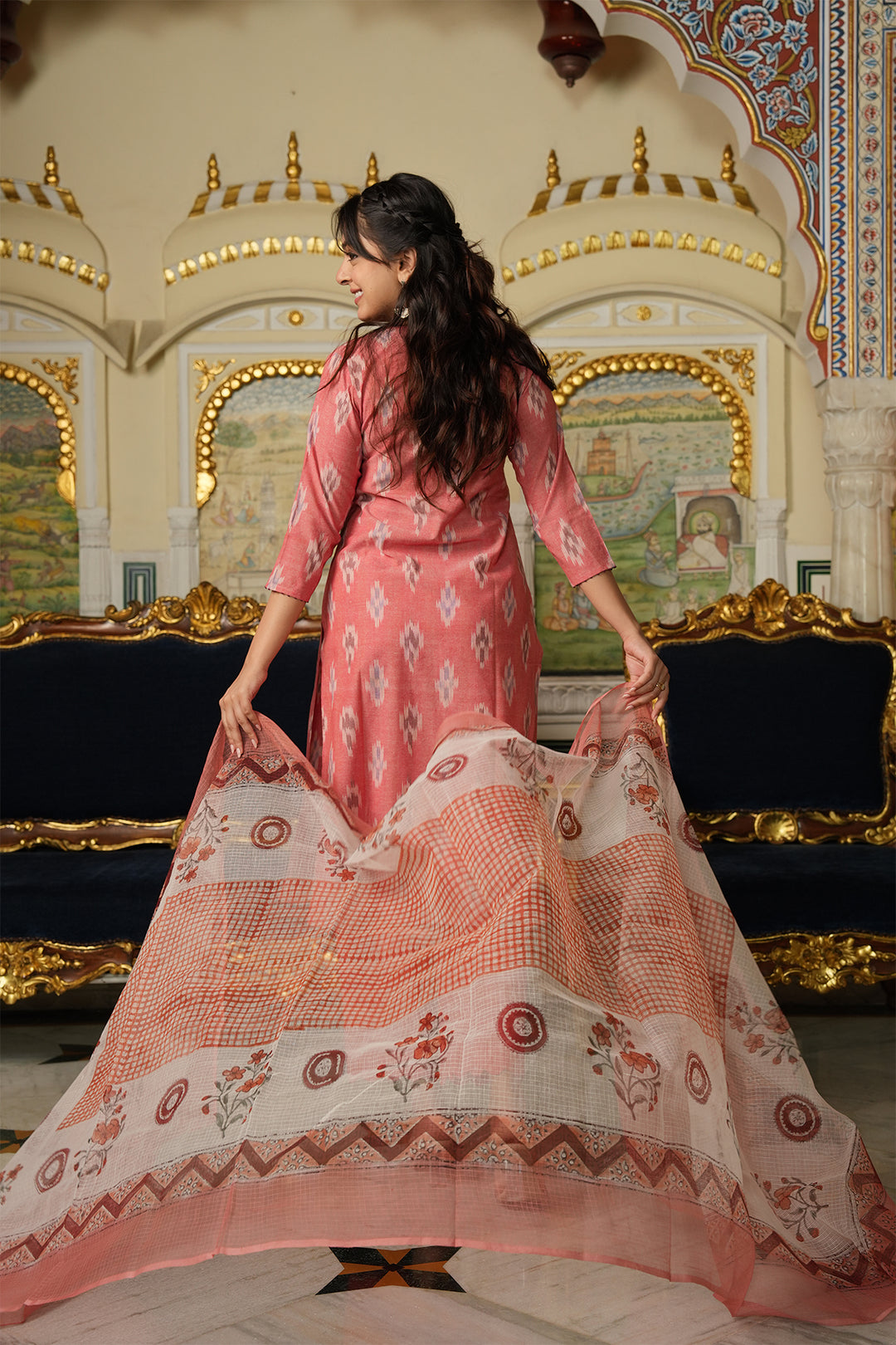 Roohani Peach Ikat Kurta with Kota Doria Dupatta set of 2