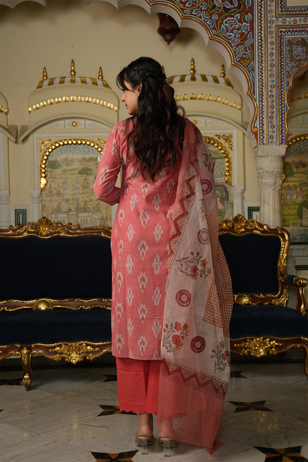 Roohani Peach Ikat Kurta with Kota Doria Dupatta set of 2