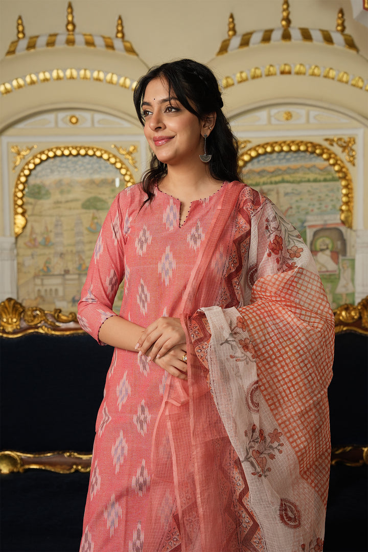 Roohani Peach Ikat Kurta with Kota Doria Dupatta set of 2