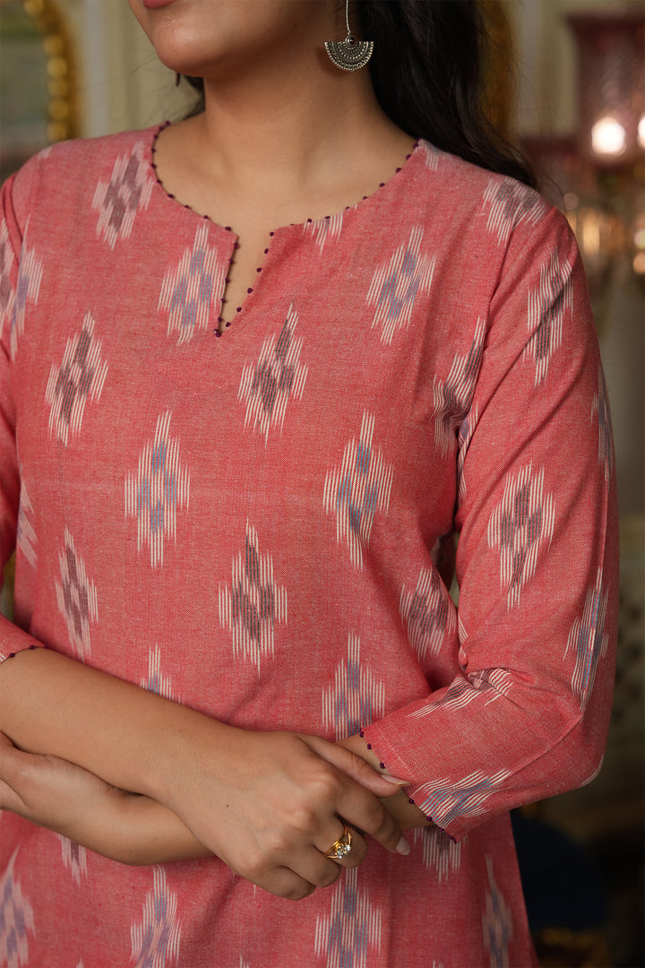 Roohani Peach Ikat Kurta with Kota Doria Dupatta set of 2