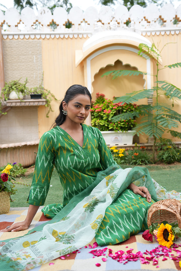 Roohani Green Ikat Kurta with Kota Doria Dupatta set of 2