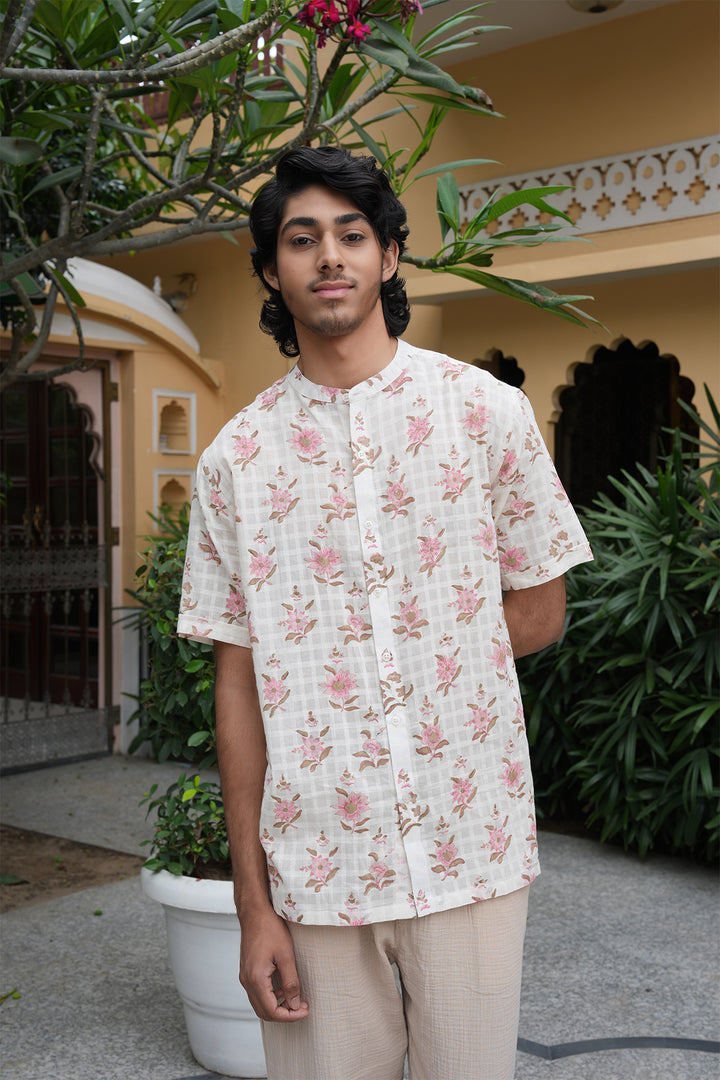 Vaayu Pink Block Printed Cotton Dobby Shirt