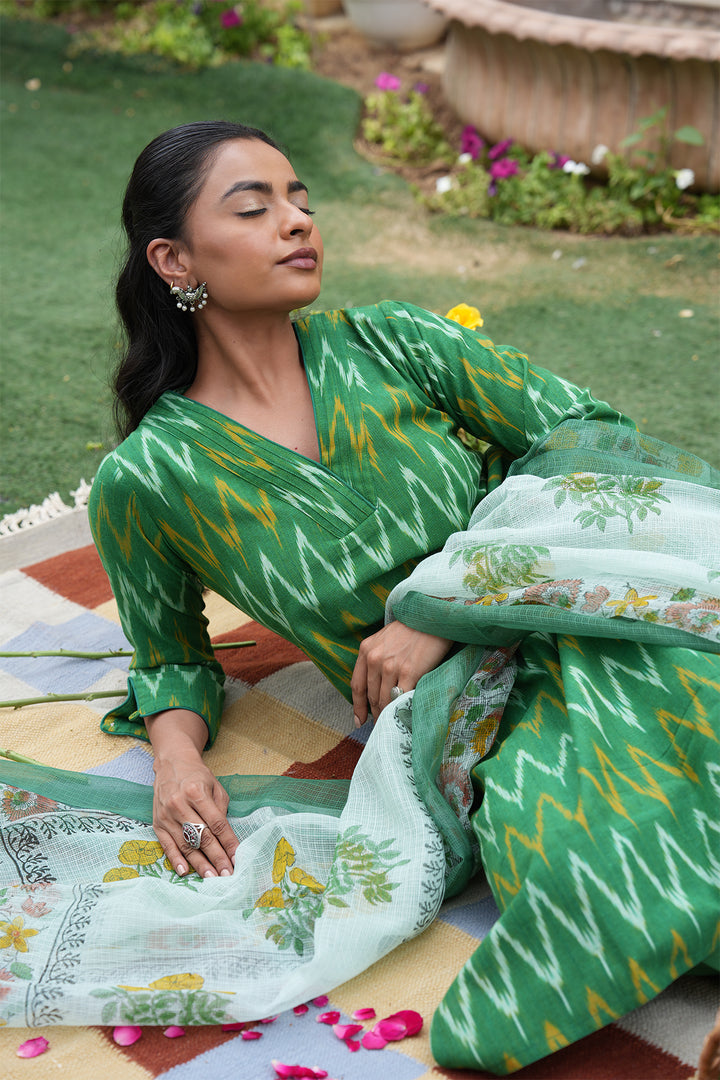 Roohani Green Ikat Kurta with Kota Doria Dupatta set of 2