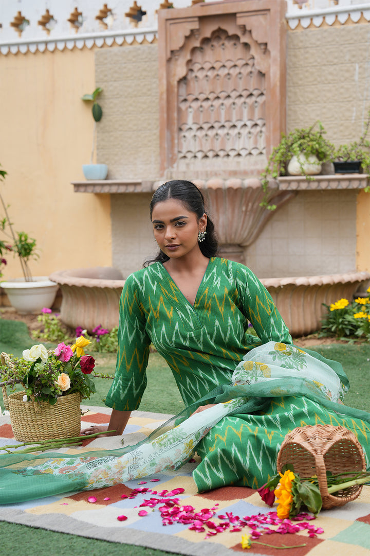 Roohani Green Ikat Kurta with Kota Doria Dupatta set of 2